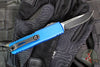 Microtech UTX-85 OTF Knife- GEN IV- Single Edge- Blue Handle- Black Part Serrated Blade 12314-2 BL