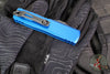 Microtech UTX-85 OTF Knife- GEN IV- Single Edge- Blue Handle- Black Part Serrated Blade 12314-2 BL
