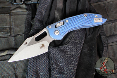 Marfione Select Stitch RAM LOK Knife- Antique Blue Anodized Frag Pattern Titanium Handle- Apocalyptic Finished Blade- Blue Backstrap 169RL-10 APFRMS2