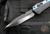 Microtech Glykon OTF Knife- Bayonet Edge- Black Handle With Blue Titanium Accents and Hardware- Black DLC Finished Serrated Upper Blade 184-2 DLCBL