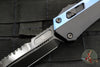 Microtech Glykon OTF Knife- Bayonet Edge- Black Handle With Blue Titanium Accents and Hardware- Black DLC Finished Serrated Upper Blade 184-2 DLCBL