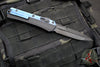 Microtech Glykon OTF Knife- Bayonet Edge- Black Handle With Blue Titanium Accents and Hardware- Black DLC Finished Serrated Upper Blade 184-2 DLCBL