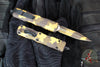 Microtech Dirac OTF Knife- Double Edge- Gold Camo Finished Handle- Gold Camo Full Serrated Blade and HW 225-3 CGS-Z4