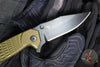 Half Face Blades- Crow Folder/Flipper- Button Lock- Anodized OD Green Monolithic Aluminum Handle- Grenade Stippled Grip- Black Nitride S45VN Blade