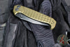 Half Face Blades- Crow Folder/Flipper- Button Lock- Anodized OD Green Monolithic Aluminum Handle- Grenade Stippled Grip- Black Nitride S45VN Blade