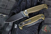 Half Face Blades- Disaster Folder/Flipper- Button Lock- Anodized OD Green Monolithic Aluminum Handle- Dimpled Grip- Black Nitride S45VN Blade- Deep Carry Clip