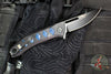 Half Face Blades- Kwaiken Folder/Flipper- Button Lock- Anodized Black Monolithic Aluminum Handle- Blue Camoquartz Inlay- Black Nitride S45VN Blade
