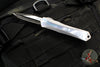 Heretic Custom Manticore-S OTF Knife- Bowie Edge- Stainless Steel Chassis- Mother Of Pearl Inlay- Baker Forge Double Shim Damascus MOP Inlaid Blade SN04