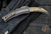 Heretic Custom ROC OTF Auto- Single Edge- Black Handle With Fat Carbon Brass & Copper Snakeskin Inlay- Hand Ground Baker Forge Tiger Gomai Damascus Blade SN021