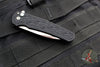 Protech Custom Malibu Flipper- 2024 001- Wharncliffe- Black "Nexus" 25th Anniversary Patterned Handle- Mike Irie Compound Ground Mirror Polished Blade