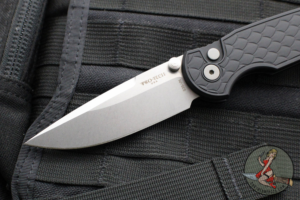 Protech TR-3 Integrity- Manual Button Lock Knife- Reptile Pattern Black Handle- Stonewash S35VN Steel Blade INT105-Reptile