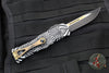 Microtech Hera OTF Knife- Single Edge- With Special Source Artwork Two-Tone Black Blade with Gold Accents and HW 703-1 TSOS