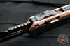 Marfione Custom OTF Knife- Glykon- Bayonet Edge- Black Hefted Chassis With Stippled Copper Overlay- Hot Blued Baker Forge Tiger Mai Damascus Blade SN12